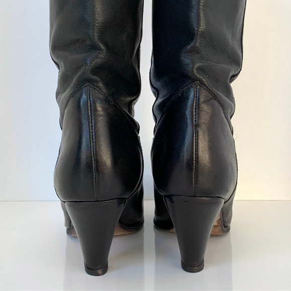 Vintage Custom-made black leather w/red cuffs below the knee high heeled boots - Picture 7 of 9